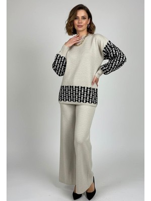 Yusgos Kadın Geometrik Desenli Alt Üst Pantolon Kazak Triko Takım