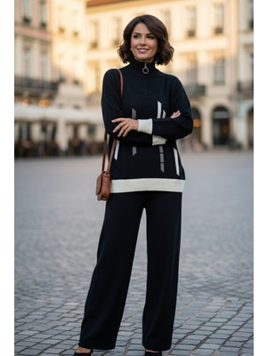 Yusgos Kadın Dik Çizgi Desenli Fermuarlı Yaka Alt Üst Triko Takım