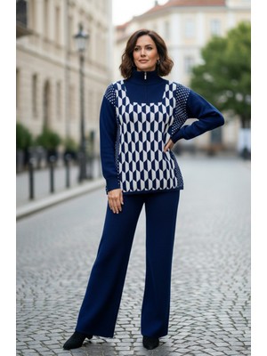 Yusgos Kadın Geometrik Desenli Fermuarlı Yaka Alt Üst Pantolon Kazak Tri