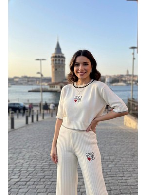 Yusgos Kadın Bisiklet Yaka Desenli Crop Kazak Pantolon Triko Alt-üst Tak