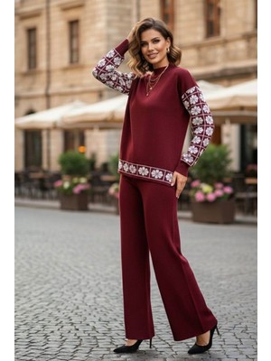 Yusgos Kadın Yonca Desenli Alt Üst Pantolon Kazak Triko Takım