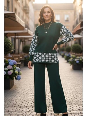 Yusgos Kadın Kalp Desenli Alt Üst Pantolon Kazak Triko Takım
