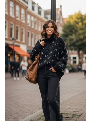 Yusgos Kadın Yarım Balıkçı Yaka Balon Kol Oversize Yüksek Kaliteli Kışlı