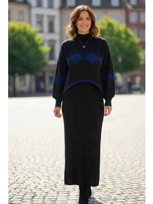 Yusgos Kadın Baklava Desenli Kazaklı Triko Elbise