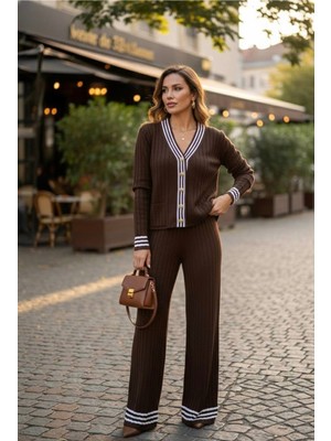 Yusgos Kadın Çizgili Triko Hırka Pantolon Kolej Alt Üst Takım