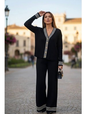 Yusgos Kadın Çizgili Triko Hırka Pantolon Kolej Alt Üst Takım