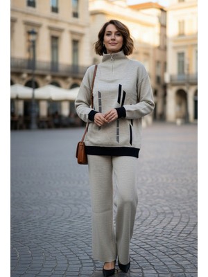 Yusgos Kadın Dik Çizgi Desenli Fermuarlı Yaka Alt Üst Triko Takım