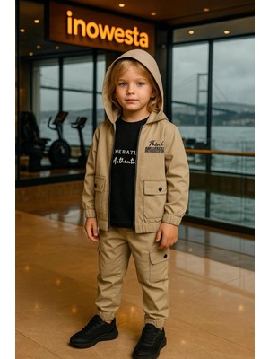 Erkek Çocuk Premium Softshell Kapüşonlu Üst Kalite Paraşüt Kumaş 3'lü Takım