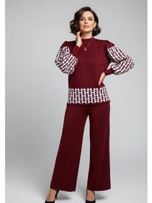 Yusgos Kadın Geometrik Desenli Alt Üst Pantolon Kazak Triko Takım