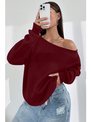 Ghassy Co. Kadın Kayık Yaka %100 Cotton 3 Iplik Şardonlu Termal Kışlık Spor Üst Model Sweatshirt