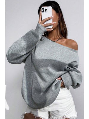 Ghassy Co. Kadın Kayık Yaka %100 Cotton 3 Iplik Şardonlu Termal Kışlık Spor Üst Model Sweatshirt