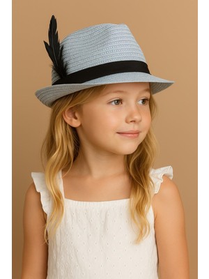 Çocuk Tüy Aksesuarlı Hasır Fötr Şapka Açık Mavi