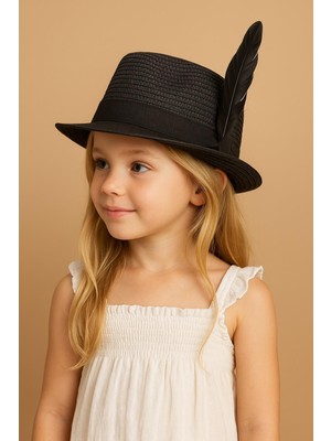 Katia & Bony Çocuk Tüy Aksesuarlı Hasır Fötr Şapka Siyah
