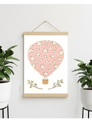 idealizbiz Soyut Kanvas Poster Çicekli Uçan Balon ve Yeşil Dallar