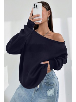 Ghassy Co. Kadın Kayık Yaka %100 Cotton 3 Iplik Şardonlu Termal Kışlık Spor Üst Model Sweatshirt