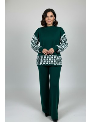 Yusgos Kadın Geometrik Desenli Alt Üst Pantolon Kazak Triko Takım