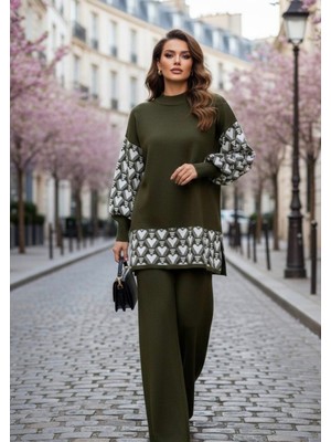 Yusgos Kadın Kalp Desenli Alt Üst Pantolon Kazak Triko Takım