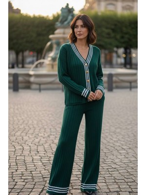 Yusgos Kadın Çizgili Triko Hırka Pantolon Kolej Alt Üst Takım