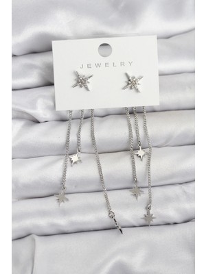 Marsilyan Kutup Yıldızı Model Gümüş Renk Pirinç Sallantılı Kadın Küpe - TJ-BKP11458