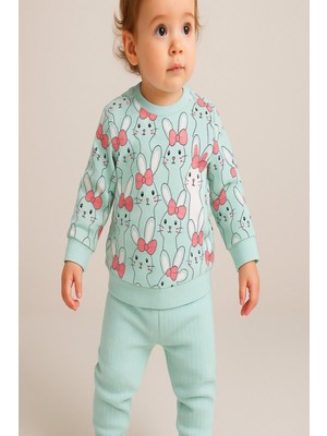 Dinamik çocuk Kız Bebek Ikili Takım Tavşan Rapor Baskılı Ribanalı Sweatshirt ve Alt-Mevsimlik 3-6-9-12AY