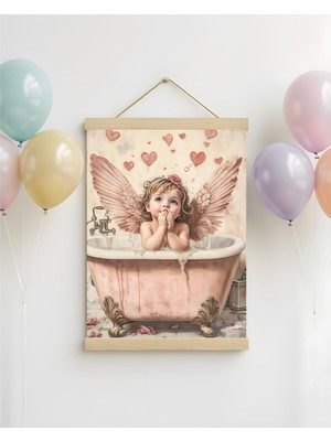 idealizbiz Melek Kanatlı Kız ve Pembe Kalpler Soyut Kanvas Poster