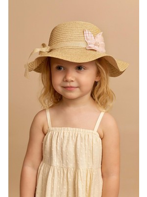 Çocuk Fiyonklu Hasır Şapka Bej