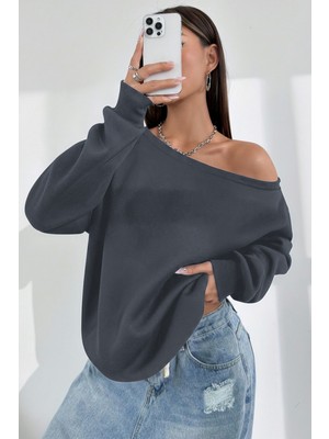 Ghassy Co. Kadın Kayık Yaka %100 Cotton 3 Iplik Şardonlu Termal Kışlık Spor Üst Model Sweatshirt