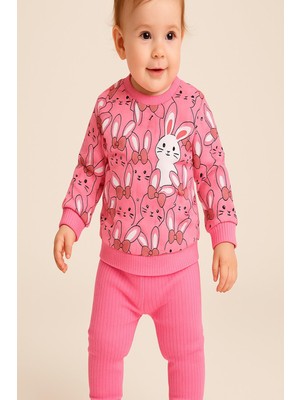 Dinamik çocuk Kız Bebek Ikili Takım Tavşan Rapor Baskılı Ribanalı Sweatshirt ve Alt-Mevsimlik 3-6-9-12AY