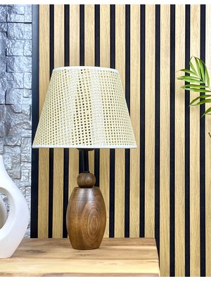 Decodelight Ahşap Ceviz Renk Elips Ayaklı Hazeran Pileli Hasır Şapkalı Abajur Masa Lambası Modelleri