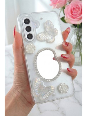 Samsung Galaxy S24 Fe Kılıf 3D Kelebek Gül Desenli Aynalı Simli Şeffaf Tasarımlı Silikon Kapak
