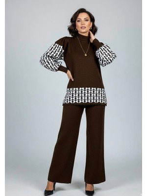 Yusgos Kadın Geometrik Desenli Alt Üst Pantolon Kazak Triko Takım