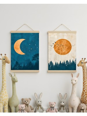 idealizbiz Ormanın Üzerindeki Ay ve Güneş Soyut Kombin Kanvas Poster