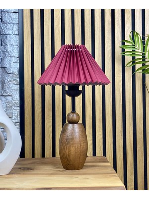 Decodelight Ahşap Ceviz Renk Elips Ayaklı Bordo Pileli Şapkalı Abajur Masa Lambası Modelleri