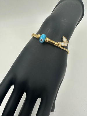 Stainless Steel Altın Renk Sedef Kelebek ve Mavi Nazar Boncuk Detaylı Çelik Bileklik