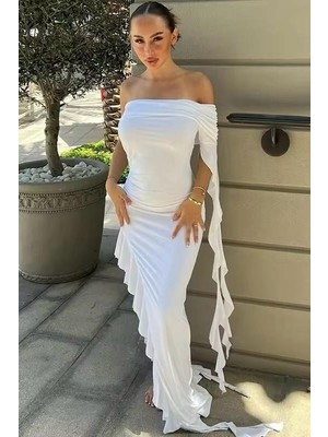 BMD Ruffless Tek Omuz Elbise - Beyaz