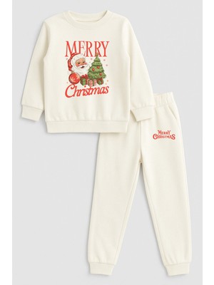 Shain 2026 Yılbaşı Noel Baba Christmas Baskılı Bisiklet Yaka Ekru Çocuk Eşofman Alt Üst Takım