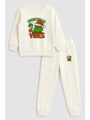 Shain 2026 Yılbaşı Noel Baba Christmas Baskılı Bisiklet Yaka Ekru Çocuk Eşofman Alt Üst Takım