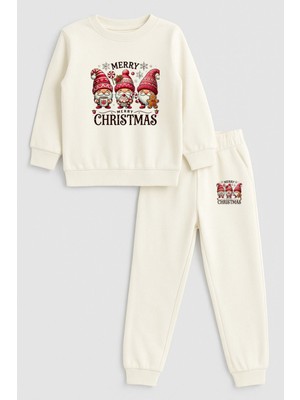 Shain 2026 Yılbaşı Noel Baba Christmas Baskılı Bisiklet Yaka Ekru Çocuk Eşofman Alt Üst Takım