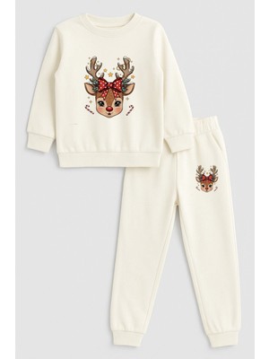 Shain Geyik Yılbaşı Noel Baba Christmas Baskılı Bisiklet Yaka Ekru Çocuk Eşofman Alt Üst Takım