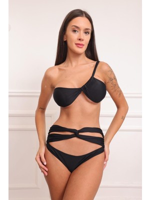 BMD Tek Omuz Büzgülü Bikini - Siyah
