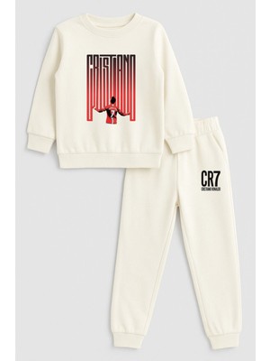 Shain 2026 Yılbaşı Noel Baba Christmas Baskılı Bisiklet Yaka Ekru Çocuk Eşofman Alt Üst Takım