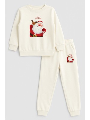 Shain 2026 Yılbaşı Noel Baba Christmas Baskılı Bisiklet Yaka Ekru Çocuk Eşofman Alt Üst Takım