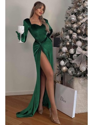 BMD Dairen Uzun Yırtmaçlı Elbise - Yeşil