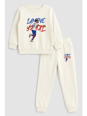 Shain Futbolcu Yamal Baskılı Bisiklet Yaka Ekru Çocuk Eşofman Alt Üst Takım