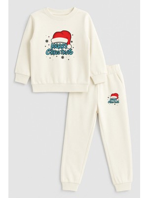 Shain 2026 Yılbaşı Noel Baba Christmas Baskılı Bisiklet Yaka Ekru Çocuk Eşofman Alt Üst Takım