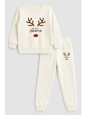 Shain Geyik Yılbaşı Noel Baba Christmas Baskılı Bisiklet Yaka Ekru Çocuk Eşofman Alt Üst Takım