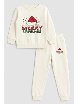 Shain 2026 Yılbaşı Noel Baba Christmas Baskılı Bisiklet Yaka Ekru Çocuk Eşofman Alt Üst Takım