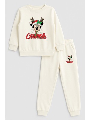 Shain Mickey Mouse Yılbaşı Noel Baba Christmas Baskılı Bisiklet Yaka Ekru Çocuk Eşofman Alt Üst Takım