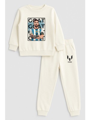 Shain Futbolcu Lionel Messi Baskılı Bisiklet Yaka Ekru Çocuk Eşofman Alt Üst Takım