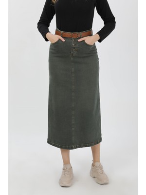 Vellichor Doğal Kumaşlı Kemerli Kot Etek Yeşil